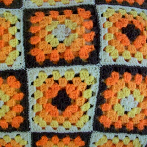 Vintage 70's Hand Crochet Granny Square Afghan Orange Yellow Brown 42" x 70" - Picture 2 of 8